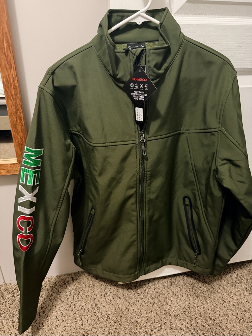 Men's Olive Green Windbreaker Jacket with Mexico Sleeve Accent